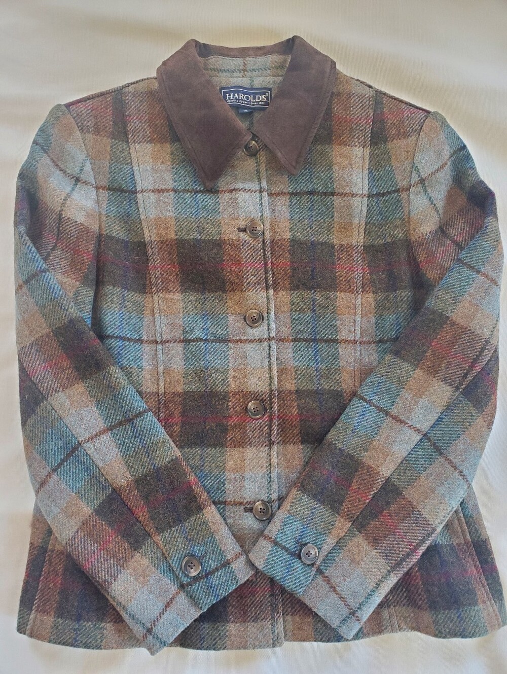 Vintage Harold's Plaid Button Front Jacket in Brown, Blue & Tan Size 10